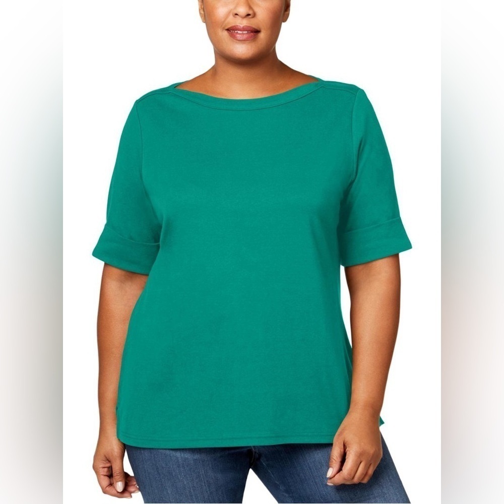 Karen Scott Green Boat Neck Cuffed Short Sleeve Cotton Shirt 3X